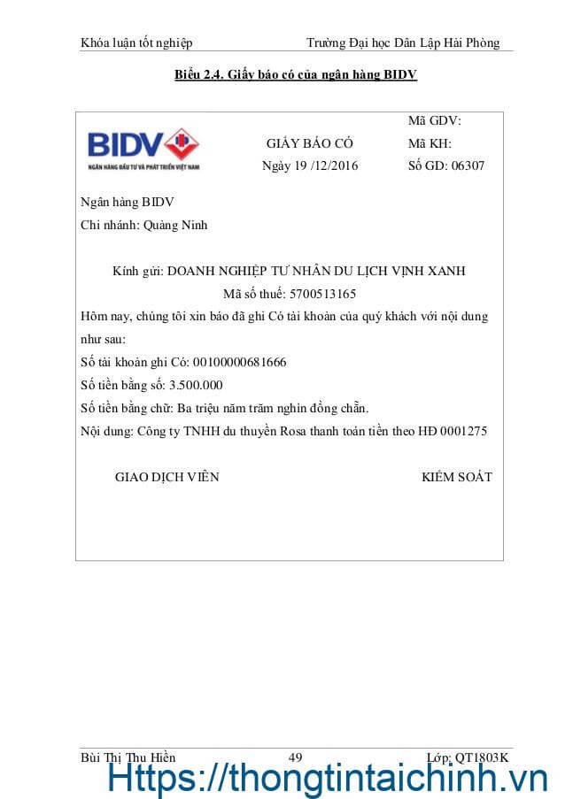 Mẫu giấy báo có của ngân hàng BIDV được cung cấp cho khách hàng