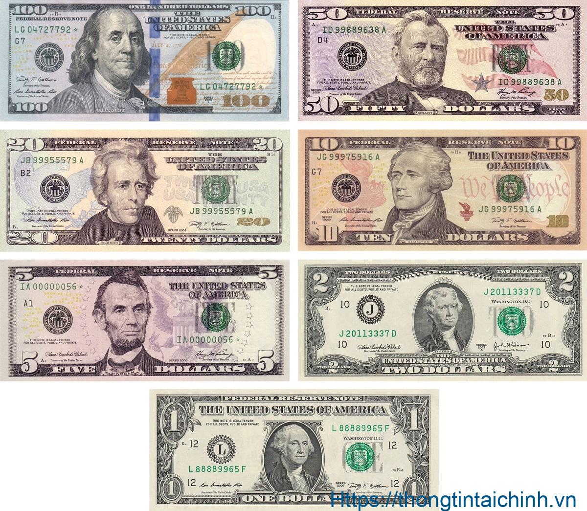 Các mệnh giá của tiền Đô La Mỹ (tiền giấy) 
